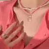 Colar de Urso Rosa Pérola Fofo Camada Dupla Feminino Design de Nicho Senso Avançado Corrente de Clavícula Empilhada Acessórios Moda