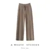Calça feminina de cashmere puro de perna larga com trama olho de perdiz, costura central, cintura alta, modelagem que afina, nova calça reta felpuda outono-inverno