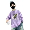 Camiseta casual de algodão puro com manga longa estilo coreano para meninos, com estampa de desenho animado, top infantil confortável para primavera e outono