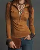 Moda europea y americana nuevo estilo simple color liso gamuza cuello alto media cremallera corte ajustado versátil manga larga top para mujer