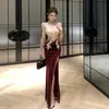 Vestido Sexy de Cuello en V Profundo Transparente en la Cintura Vestido Largo de Noche Falda con Abertura en la Cadera Tirantes Huecos Aspecto Adelgazante