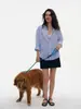 Camisa de Lino 100% Rayas Azules Estilo Old Money Bordada Casual Protección Solar Manga Larga Top Chaqueta Holgada para Mujer