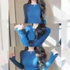 Linda Camisa Base de Tricô Azul de Manga Longa Estilo Coreano para Mulheres, Perfeita para Outono e Inverno, Top Suéter Único e Super Estiloso para Figuras Baixas