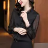 Camisa de Punto Casual de Moda con Cuello en V y Puntadas de Encaje de Manga Larga para Mujer, Top de Camisa Elegante de Gasa para Primavera y Otoño de Color Sólido