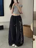 Pantalones de chándal morados casuales para mujer con estampado de letras, cordón, cintura elástica, nuevo corte holgado, versátiles, de cintura alta, pierna ancha estilo jazz, largos