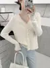 Cárdigan de Punto de Terciopelo Andy Otoño/Invierno Nuevo con Cuello en V y Mangas Largas para Mujer Primavera/Otoño Único Hermoso Parche de Encaje Botón de Colores Top