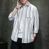 Verão 2025 Nova Camisa Masculina Solta de Manga Sete Pontos Algodão e Linho Listrada Manga Média Camisa Estilo Chinês Jaqueta Retrô