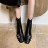Hebilla de pedrería Punta cuadrada francesa Tacón alto Botas elásticas delgadas simples para ir al trabajo Tacón grueso Botines blancos Botas individuales de primavera y otoño para mujer