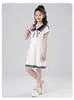 Vestido Casual de Verão para Meninas do Ensino Fundamental e Médio Moda Escolar Estilo Curto Mangas Saia Menina Pequena Gola de Marinheiro Roupas de Verão