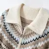 Cardigã de Caxemira Feminino 100% Caxemira Pura Novo Casual Retrô Casual Combinação de Cores Gola Lapela Jaqueta Suéter de Tricô