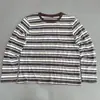 Camiseta de outono com listras retrô em terry para mulheres, gola redonda, toque solto, color block, top casual, estilo artístico
