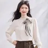 Nova Camisa de Cetim com Gola Alta, Blocos de Cor e Listras com Fita para Mulheres, Camisa de Manga Longa Fluida, Top Estilo Coreano Transfronteiriço para o Dia a Dia