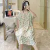 Novo roupão de noite de verão, seda 100% algodão, manga curta, vestido longo, decote V solto, doce e elegante, estilo universitário