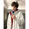 Moletom com zíper color block retrô americano, jaqueta esportiva unissex moderna de corte solto para casal, jaqueta com capuz de outono