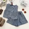 Conjunto de Verão 2026 para Meninas Novo Estilo Colete Jeans Irregular Top Shorts Estilo Coreano Retrô Casual Conjunto de Duas Peças