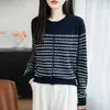 Cardigan de Punto para Mujer Otoño Invierno Nuevo Estilo Holgado Bloque de Color Raya Manga Larga Top Lana Fina