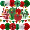 Decoración Navideña Transfronteriza Set de Abanicos de Papel Banderín Triangular Rojo y Verde Bola de Flor Cadena de Puntos Diseño de Fondo para Fiesta Navideña