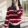 Suéter retrô em blocos de cor listrado com gola virada, estilo ins, para mulheres, novo top de malha denim descontraído outono e inverno com listras horizontais