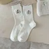 Meias de urso fofas de flanela estilo desenho animado para mulheres, punho de bolha de camada dupla, estilo balé, laço, poá, borda enrolada, meias de cano médio