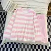 Pijamas de Manga Larga para Mujer de Primavera, Otoño e Invierno a Rayas de Dibujos Animados Coreanos de Talla Grande Casual para el Hogar Traje Holgado para Exterior
