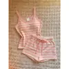 Conjunto de Pijama de Camisola y Shorts a Rayas Estilo Coreano Femenino para Mujer, Ropa de Casa de Verano, Conjunto de Dos Piezas, Se Puede Usar Afuera