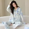 Conjunto de pijama de outono, algodão puro, novo estilo casual de desenho animado para mulheres, pode ser usado fora, cardigã com lapela, conjunto de duas peças para casa