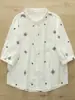 Camisa Blanca de Gasa de Algodón Blanca de Doble Capa, Holgada, Bordada Floral Artística y Fresca para Mujer con Mangas Tres Cuartos, Camisa Básica de Moda, Verano 2026