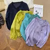 Camisa de Encaje Tencel Ramio Estilo Retro Francés con Volantes Cuello en V Camisa de Corbata para Mujer Versátil Color Sólido Cardigan Protector Solar