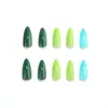 Uñas postizas almendradas multicolor estilo bosque en colores sólidos contrastantes amarillo, verde y azul, pegatinas de arte de uñas transfronterizas