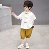 Conjunto de Verão para Meninos com Jacquard Chinês Tradicional e Design de Botão, Novo Conjunto de Duas Peças de Manga Curta Estilo Chinês para Crianças, Traje Tang para Bebês e Crianças Pequenas