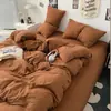 Nuevo Estilo Coreano Ins Color Puro Doble Cepillado Algodón Lavado Juego de Cuatro Piezas Ropa de Cama Funda Nórdica Ropa de Cama Colchón Dormitorio Estudiante