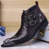 Botas de Cuero Altas con Cremallera Lateral y Doble Hebilla Transfronterizas, Empeine con Relieve de Cocodrilo, Punta Metálica, Dropshipping