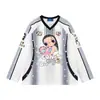 Camiseta de manga larga con estampado de dibujos animados retro americano, bloques de color, cuello en V, para hombre y mujer, nuevo estilo de otoño, top versátil casual holgado, moderno