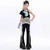 Conjunto de Baile Jazz para Niñas Negro Hombros Descubiertos Pantalones Largos de Campana Estilo Urbano Conjunto Ropa de Presentación Jazz para Niños