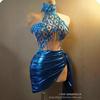 Vestido de Festa de Aniversário Azul Lantejoula Alça Longa Vestido de Noite Cantora Dançarina Figurino de Palco Roupas de Drag Queen