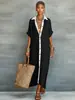 2026 Nueva Ropa Europea y Americana para Mujer Amazon Bloques de Color Holgada de Algodón y Lino Vestido Camisa Largo Vestido Casual de Moda para Mujer
