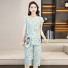Pijama de algodón y seda para mujer para mamás, verano, fino, algodón artificial, ropa de casa para mediana edad y ancianos, nuevo traje de dos piezas de manga corta 2023