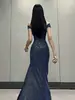Vestido Tubinho Azul Brilhante para Banquete de Verão 2026 para Mulheres, Vestido de Um Ombro Só, Vestido Longo Sexy com Fenda para Marcar a Cintura para Mulheres