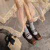 Sapatos Confortáveis Esportivos de Couro Bovino com Solado Grosso Mary Jane de Abotoamento Duplo 2025 Primavera Salto Médio Bico Quadrado Laço Camada Única de Couro Genuíno para Mulheres