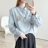 Camisa bordada longa artística e fresca para mulheres, estilo dopamina doce e jovial, blusa de algodão puro solta e casual