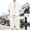 Conjunto Nuevo de Verano para Hombre Estilo Chino con Bordado, Camisa de Botones, Talla Grande Ajuste Holgado, Conjunto de Dos Piezas con Pantalones Cortos
