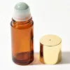 Botella dispensadora de aceite de ricino de vidrio ámbar de 50 ml, botella aplicadora roller de jade cristal rosa natural, botella aplicadora roller de cuarzo rosa