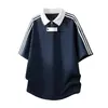 2026 Verano Nuevo Modelo Estilo Datos Rayas Algodón Falso Dos Piezas Delgado Manga Corta Hombre Exterior Media Cremallera Cuello Alto Camiseta