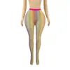 Meias arrastão transparentes coloridas arco-íris vazadas de estilo europeu e americano para mulheres, meia-calça de rede sexy Sey Lingerie