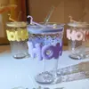 Taza de vidrio de doble pajilla con patrón de martillo de aspecto elegante, taza de café, taza para bebidas frías, taza para jugo, taza con pajilla, taza para leche, taza de agua