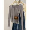Suéter Básico de Punto Texturizado Estilo Europeo con Cuello en U y Hombro Normal para Mujer, Otoño e Invierno, Ajuste Delgado, Interior Suave, Top de Manga Larga