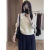 [Terciopelo Ártico] Suéter de punto tipo camisa, falso dos piezas, patchwork, para mujer, estilo coreano, nueva colección de otoño, suéter versátil con cuello en V