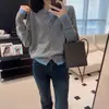 Cardigan de Lã Tricotado com Costura Francesa e Contraste de Cores, Falso Duas Peças, Feminino, Solto, Versátil, Suéter Empilhado, Combinação de Cores, Jaqueta de Caxemira