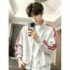 Patrón floral blanco, diseño de tres rayas grises, sudadera cárdigan para hombre de otoño/primavera, short pesado estilo americano, ancho, cuello alto, chaqueta deportiva, prenda de abrigo para pareja