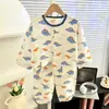 Novo Conjunto de Pijama Cartoon para Crianças, Cardigã para Meninos e Meninas, Pijama de Gola Redonda, Conjunto de Duas Peças, Pijama para Bebê Menina com Proteção para Ar Condicionado